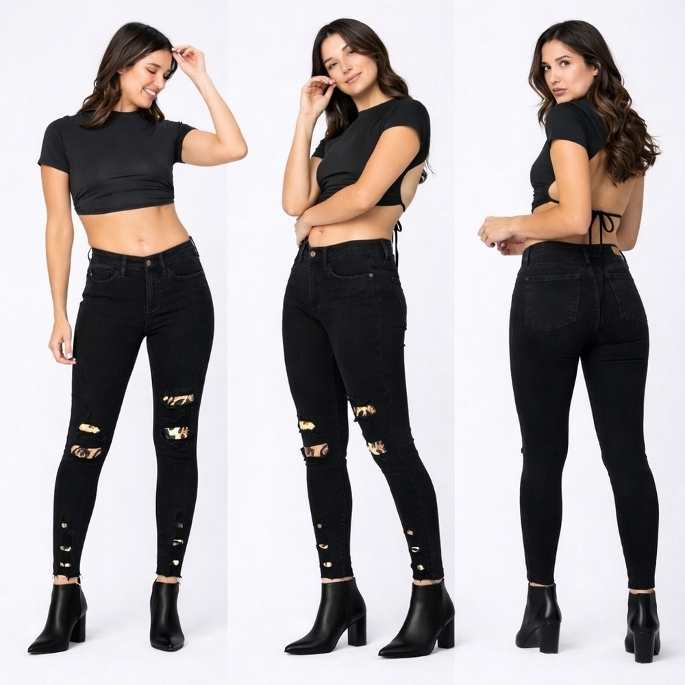 Judy Blue Black Distressed Leopard Patch Skinny Jeans 11/30 Stretch